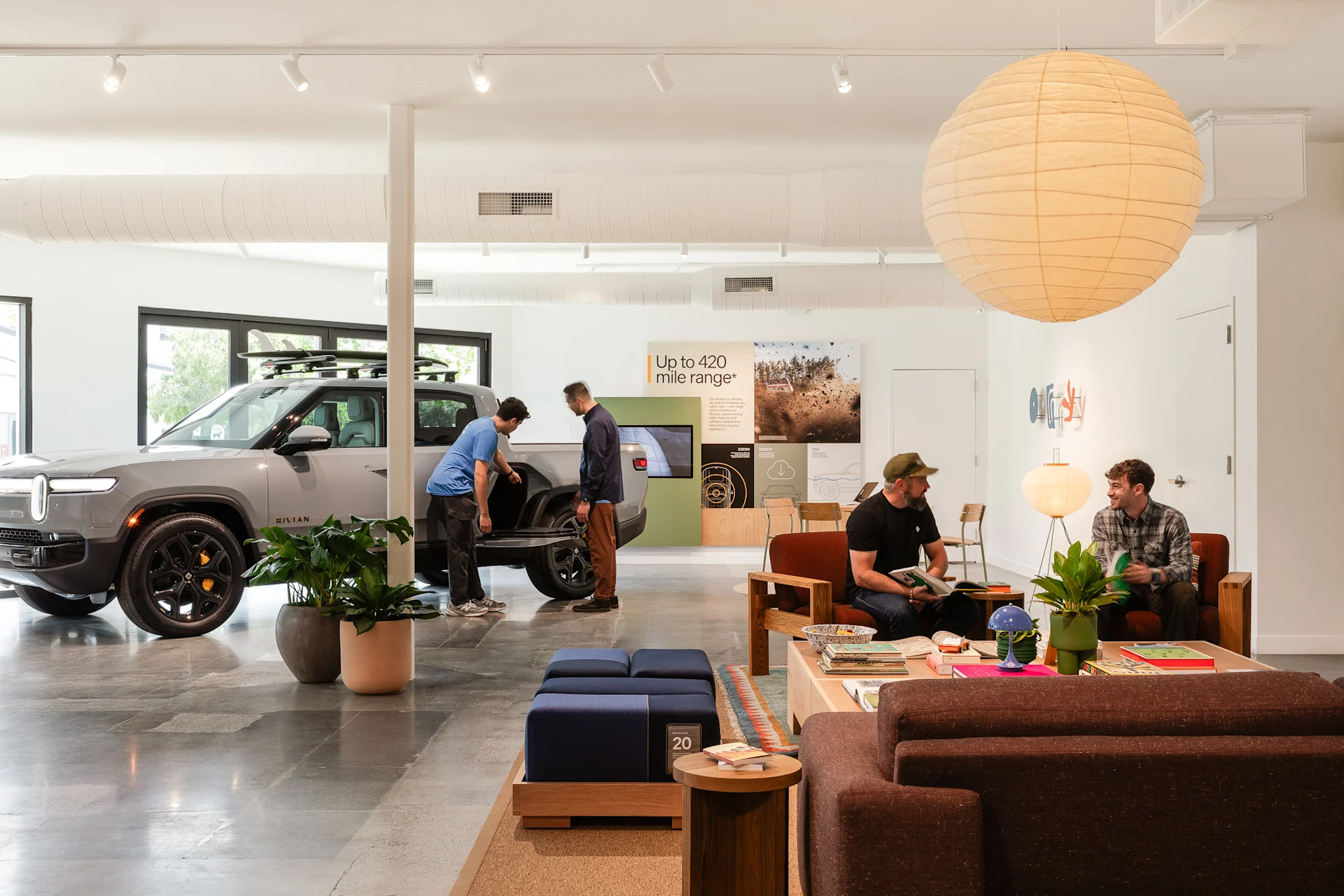 Lounge area in the Rivian Del Mar, CA space