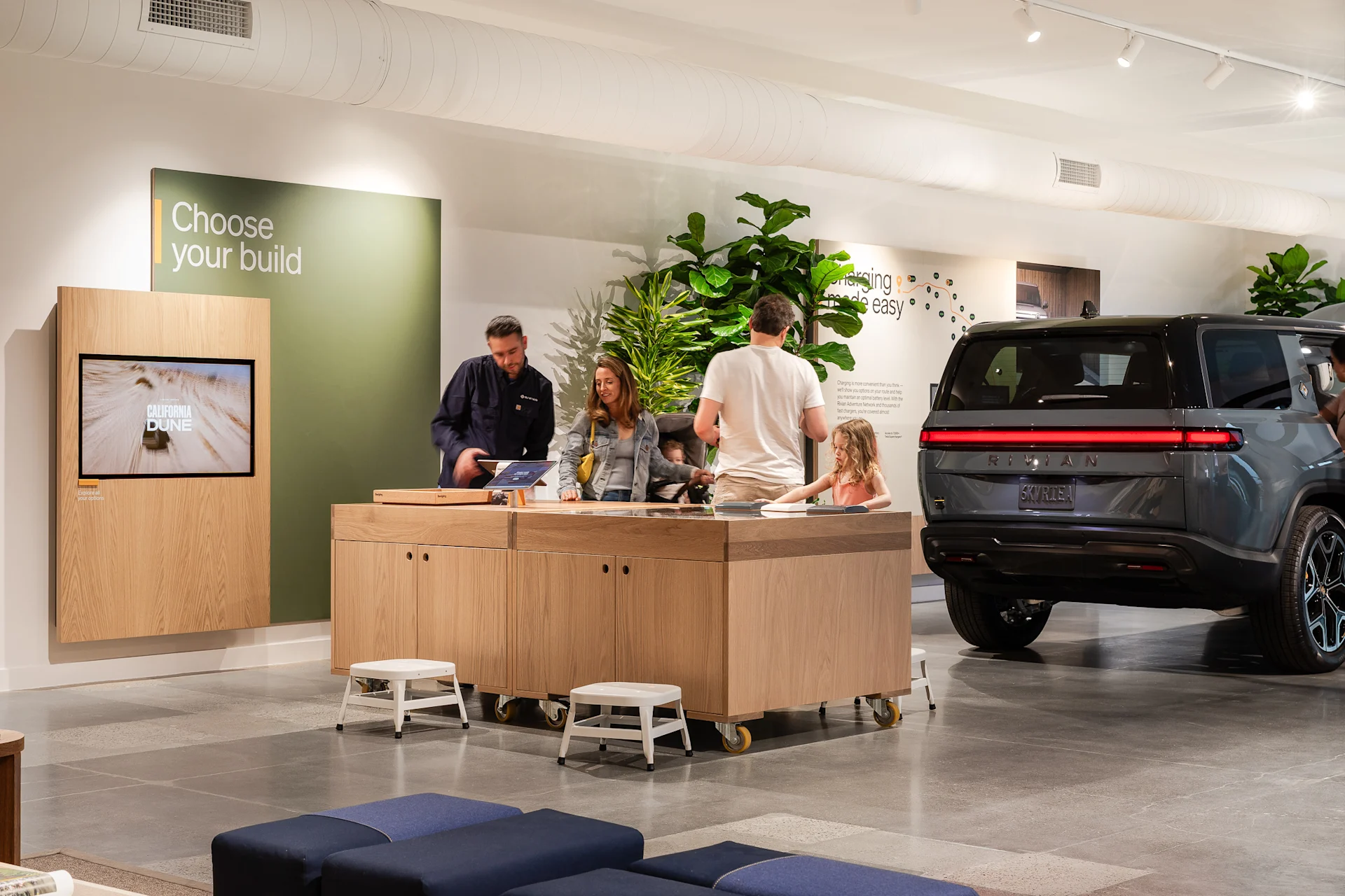 Color samples for vehicles inside the Rivian Del Mar, CA space