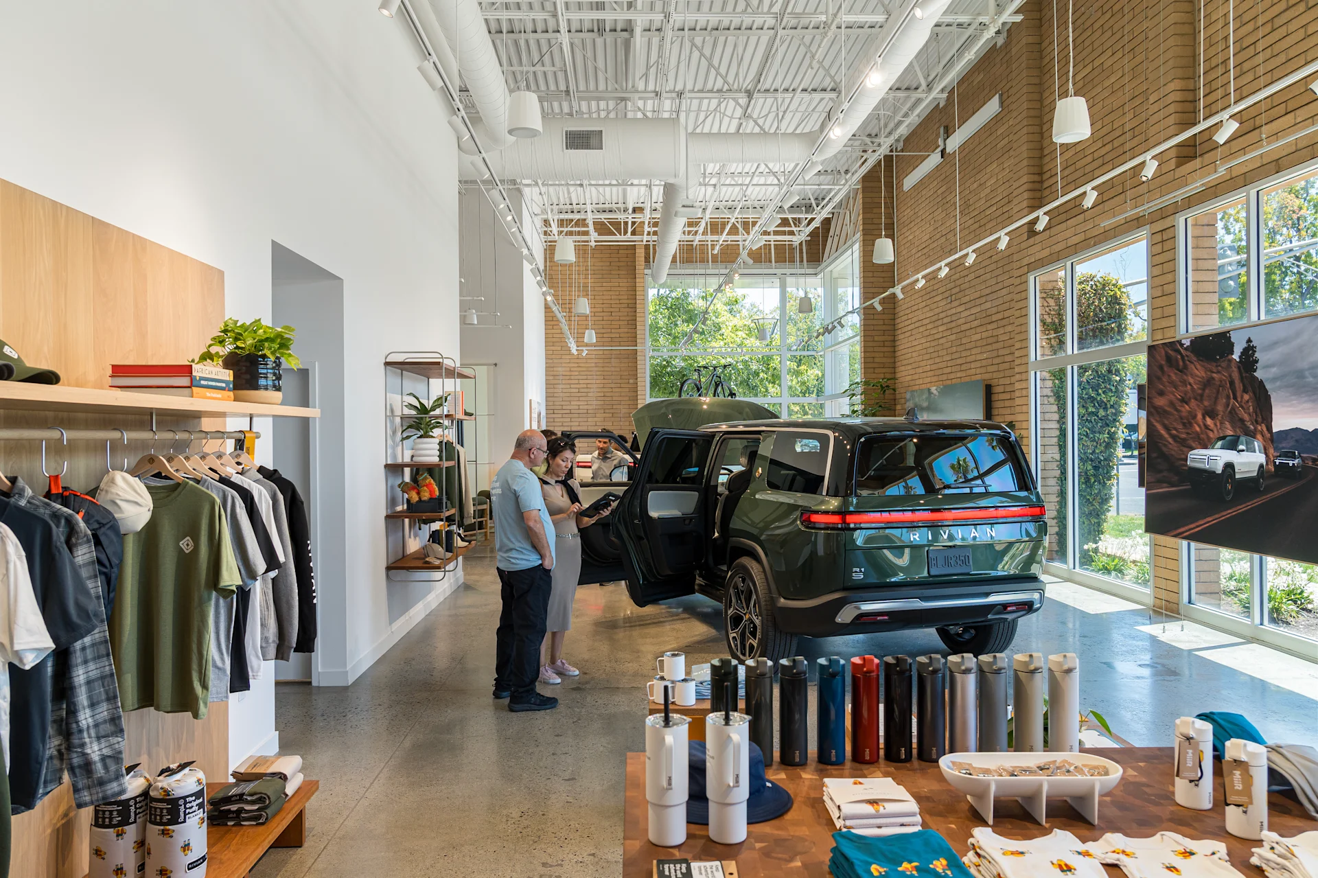 Green R1S inside the Palo Alto Rivian Space