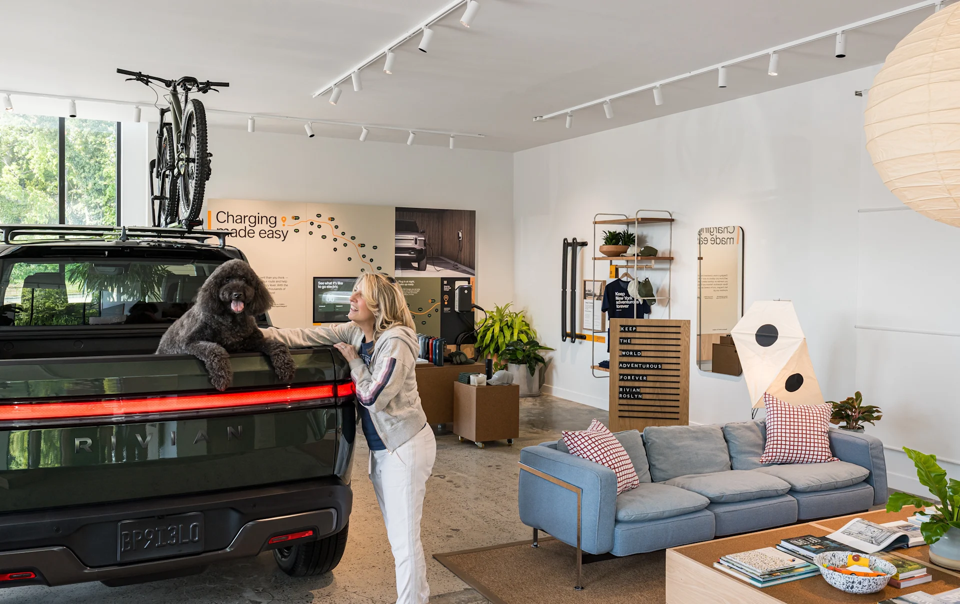 R1T inside the Rivian Rolsyn, NY location