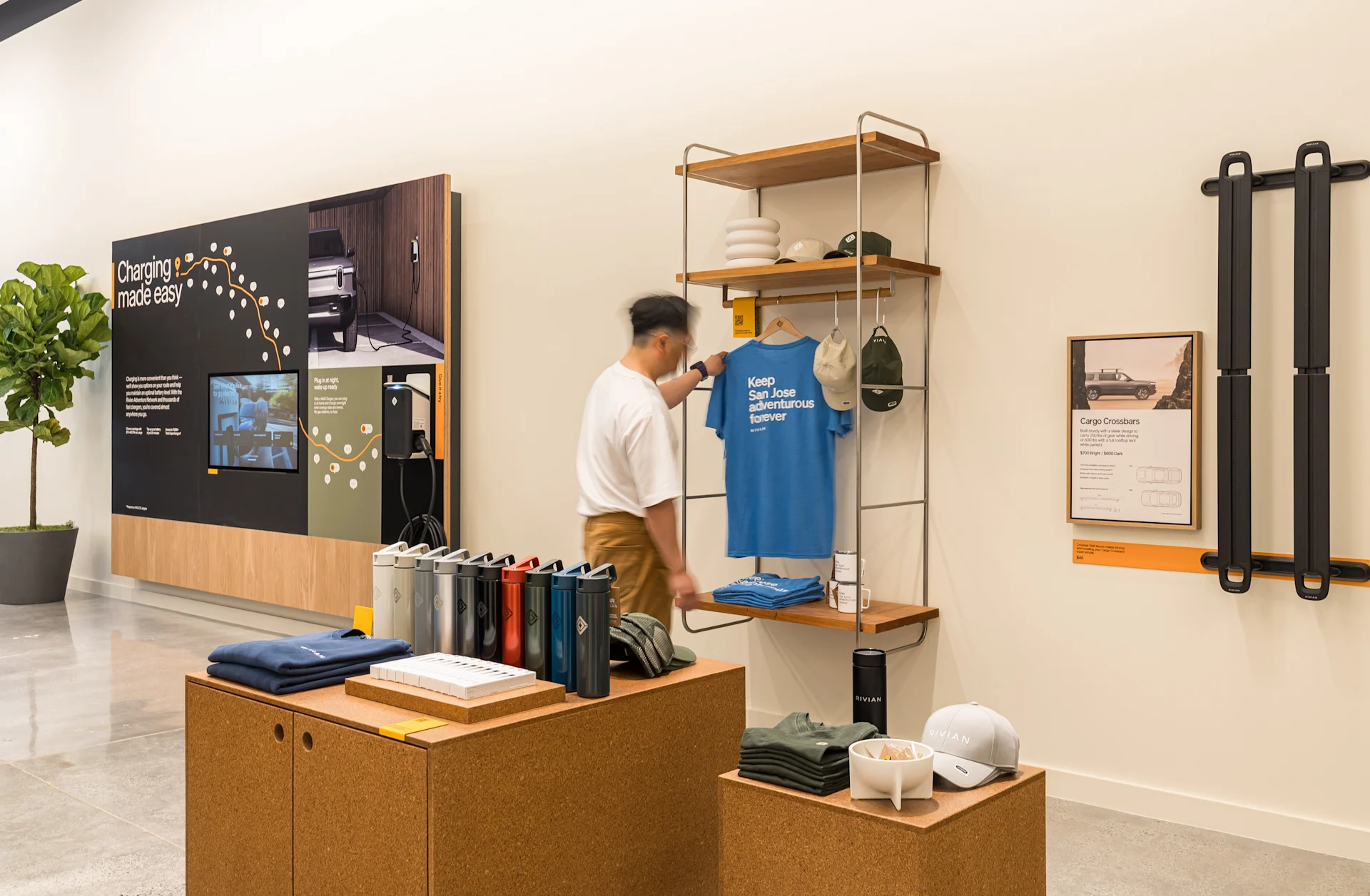 Interior of the Rivian San Jose space highlighting the gear shop