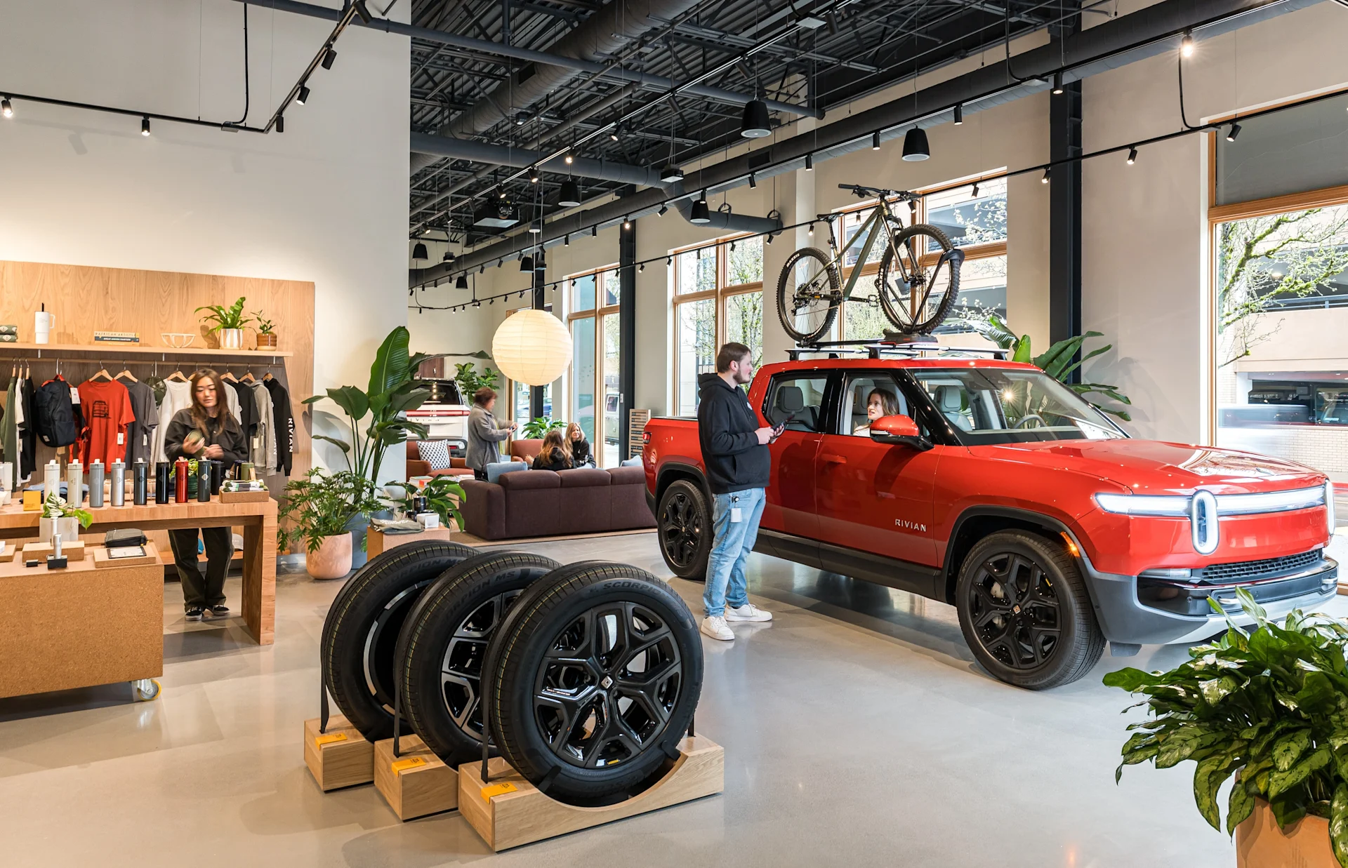 Tigard, OR Rivian space interior with wheel options and R1T