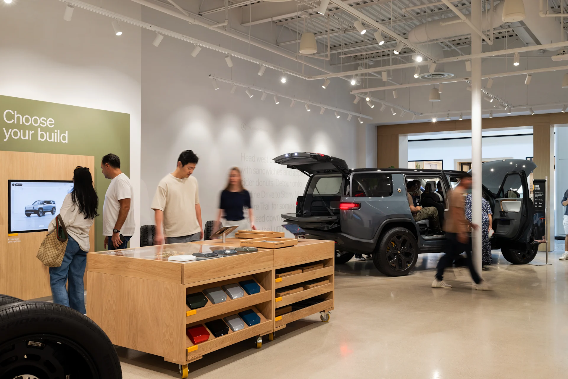 Color samples for vehicles inside the Rivian McLean, VA location