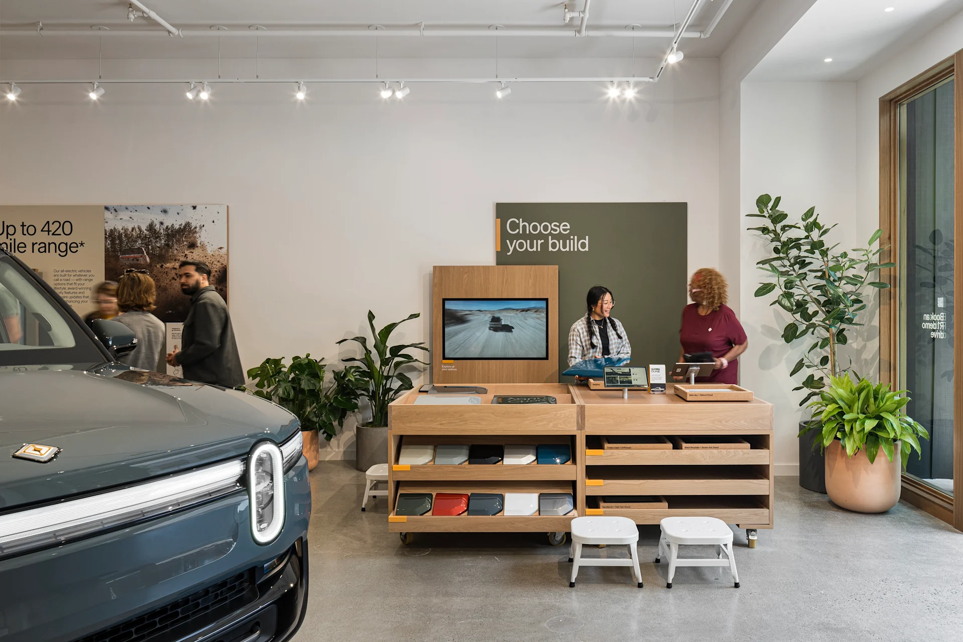 Color samples for vehicles inside the Rivian Walnut Creek, CA location