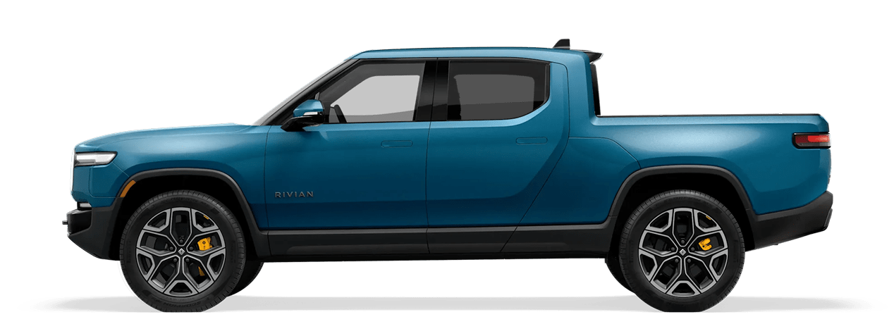 Silhouette of Rivian Blue R1T electric truck on a green studio background.