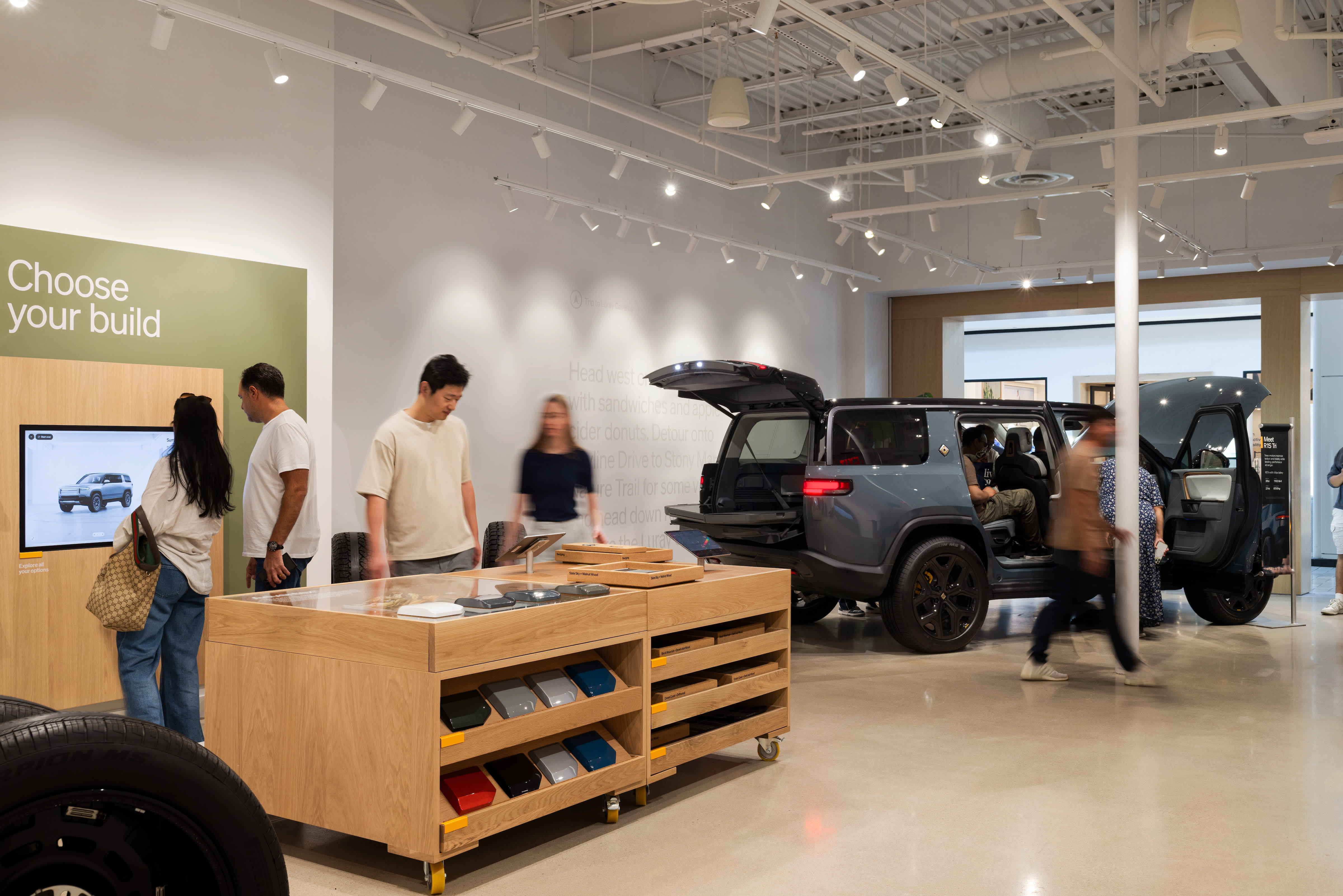 Color samples for vehicles inside the Rivian McLean, VA location