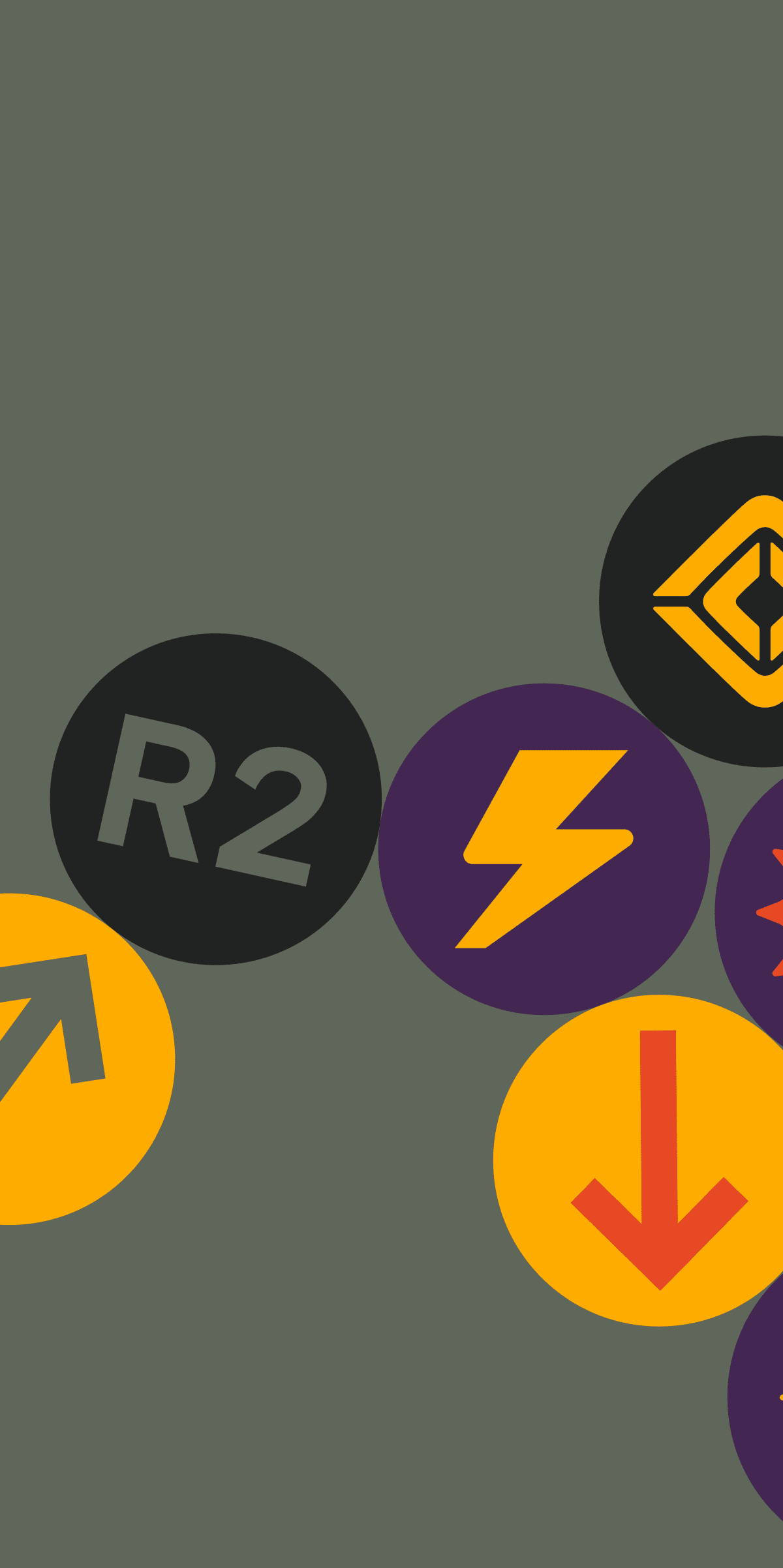  Graphic illustration of colorful circles scattered against a olive green background. One black circle prominently features the text "R2" while another black circle displays the yellow Rivian logo.