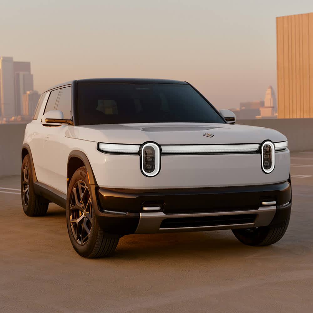 White exterior of the Rivian electric mid-size SUV R2