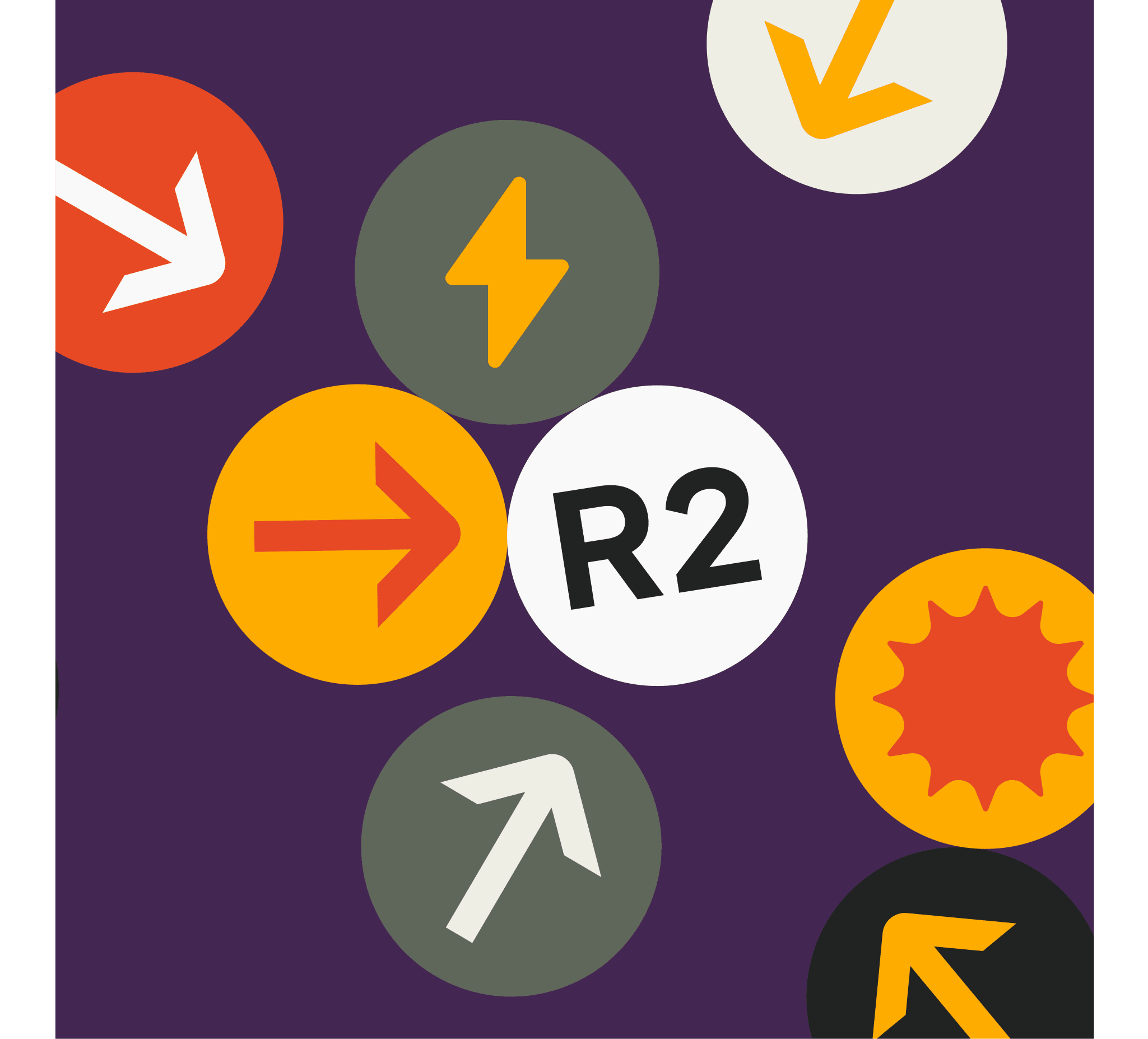 Graphic illustration of several colorful circles scattered against a dark purple background. One white circle features the text "R2" while another black circle displays the yellow Rivian logo.
