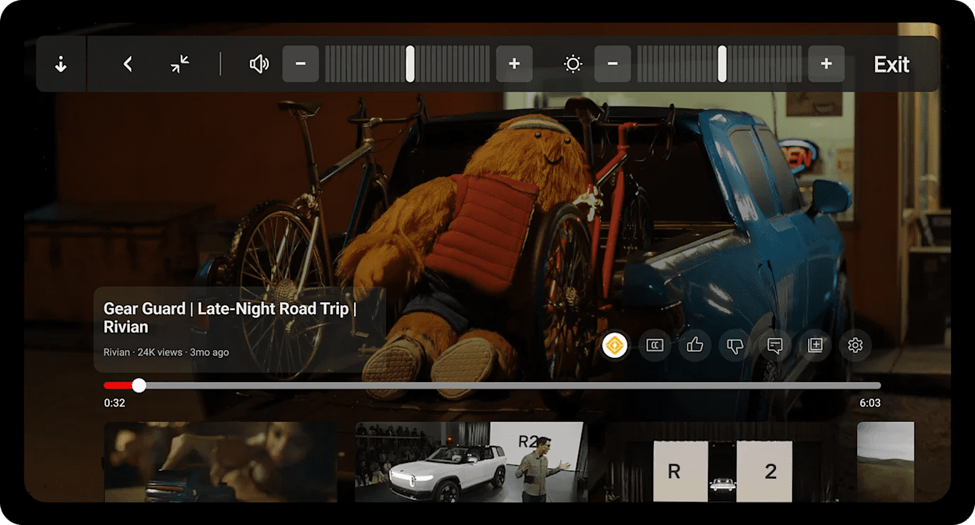 Full-screen Rivian video on the vehicle's center display.