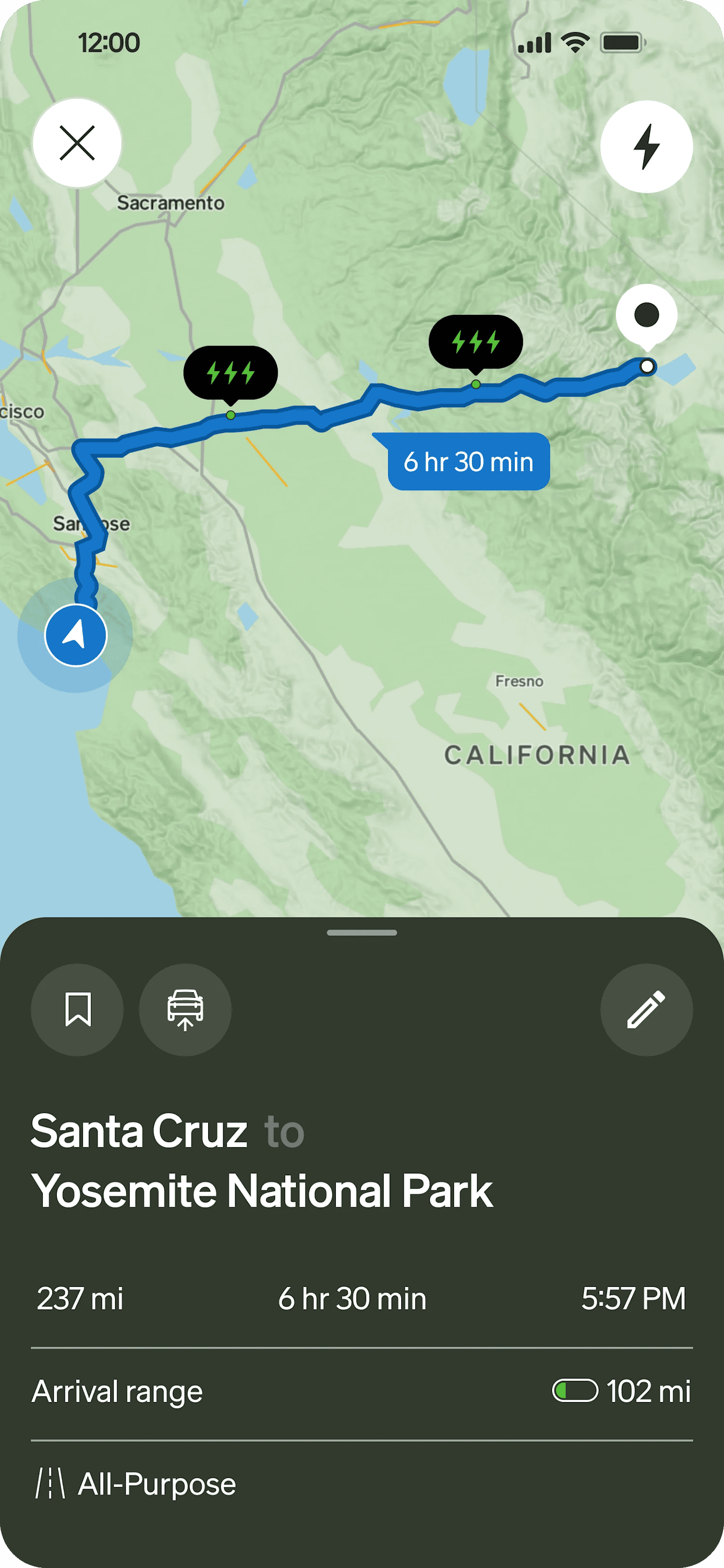 iPhone shows a planned route with charging stops in the Rivian app.