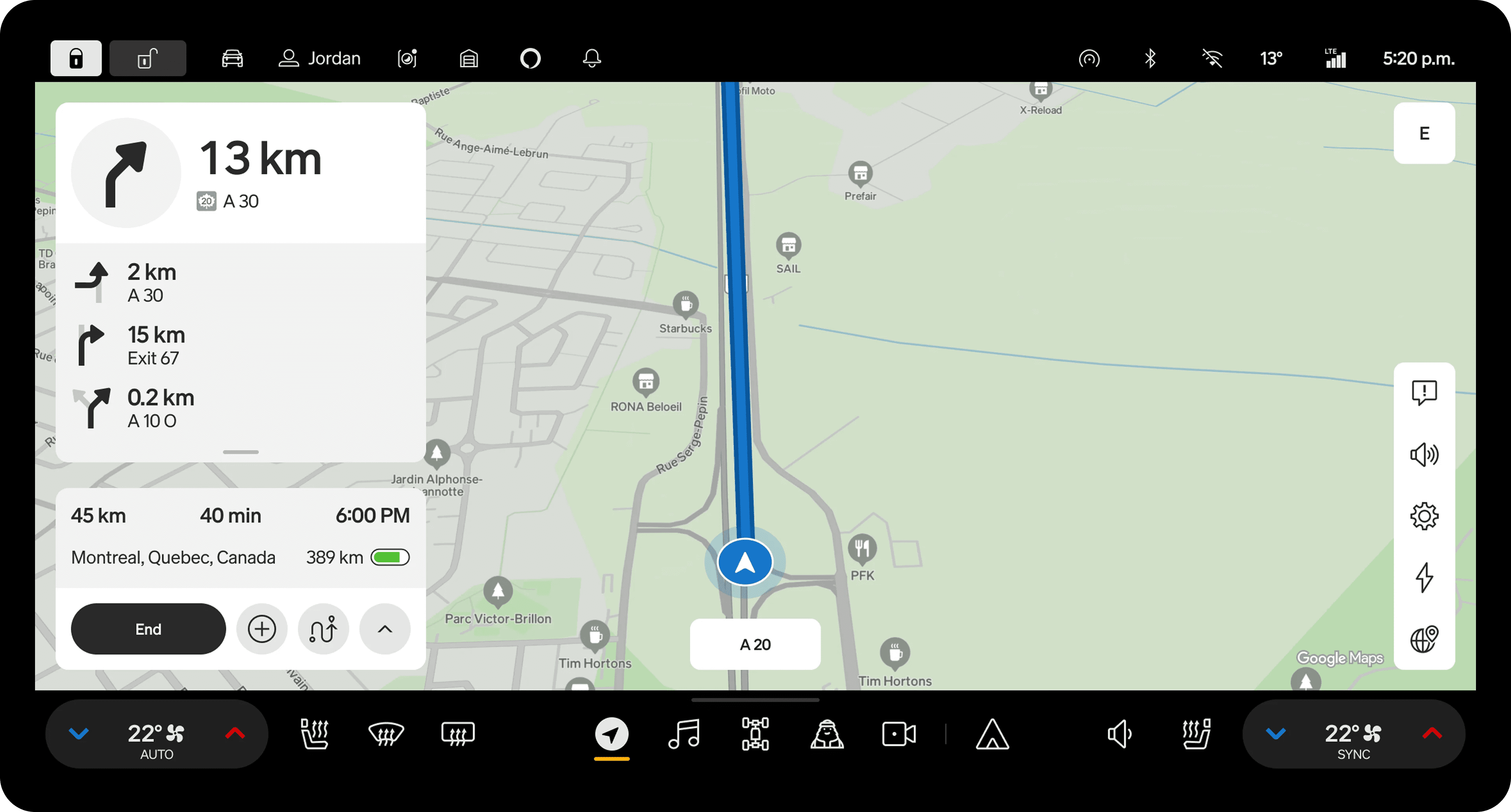 Center display shows the navigation map with a highlighted route.