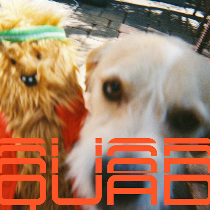 Un chien beige près d'une version en peluche du logo Gear Guard de Rivian, un monstre amical et hirsute portant une veste matelassée orange et un bandeau rétro.