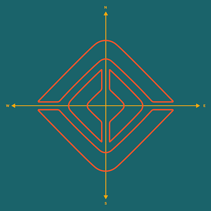 The Rivian compass logo created with thin orange lines, set on laguna blue background. Laguna blue is the exclusive accent color for Rivian Quad motor electric vehicles.