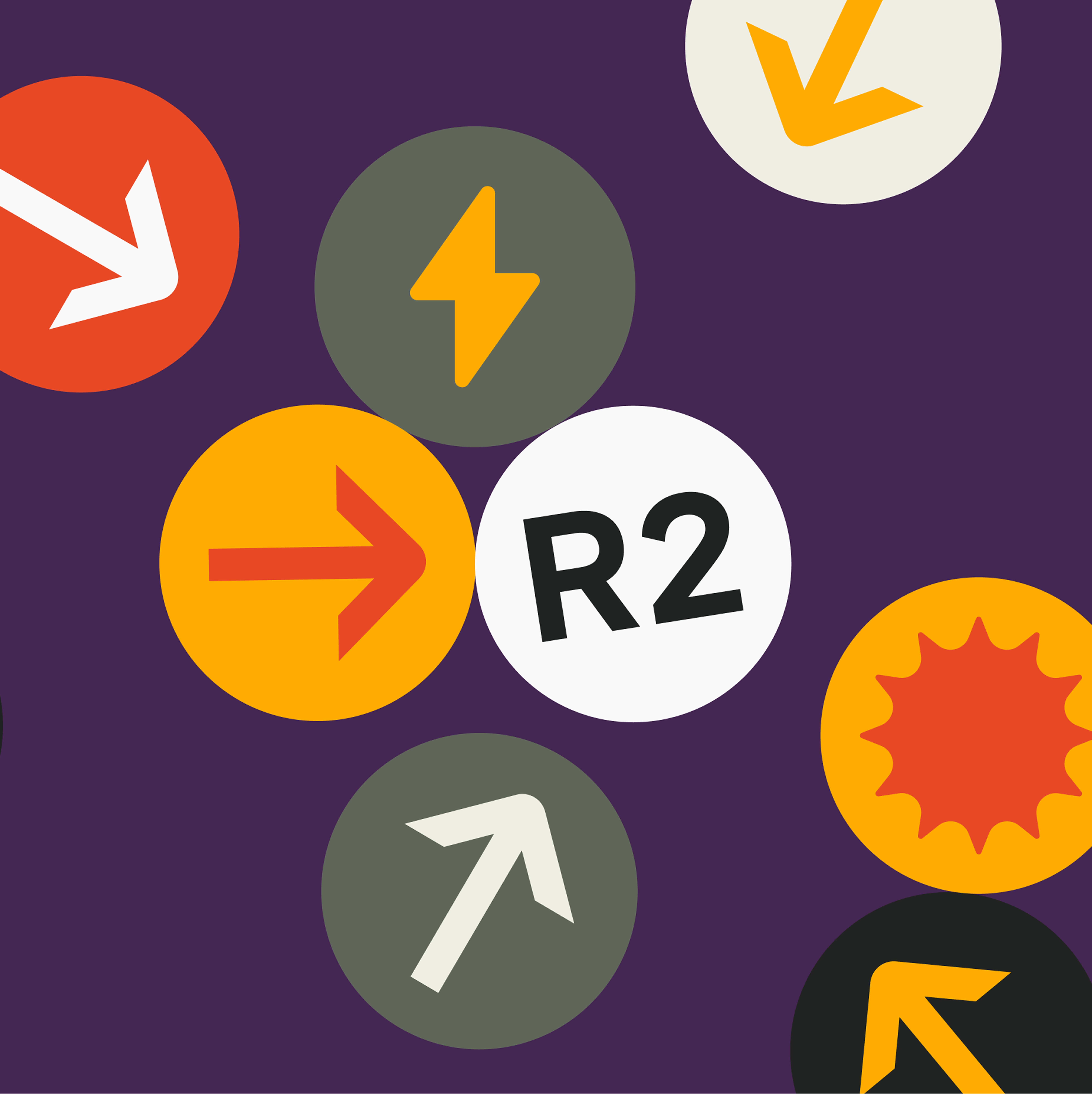 Graphic illustration of several colorful circles scattered against a dark purple background. One white circle features the text "R2" while another black circle displays the yellow Rivian logo.