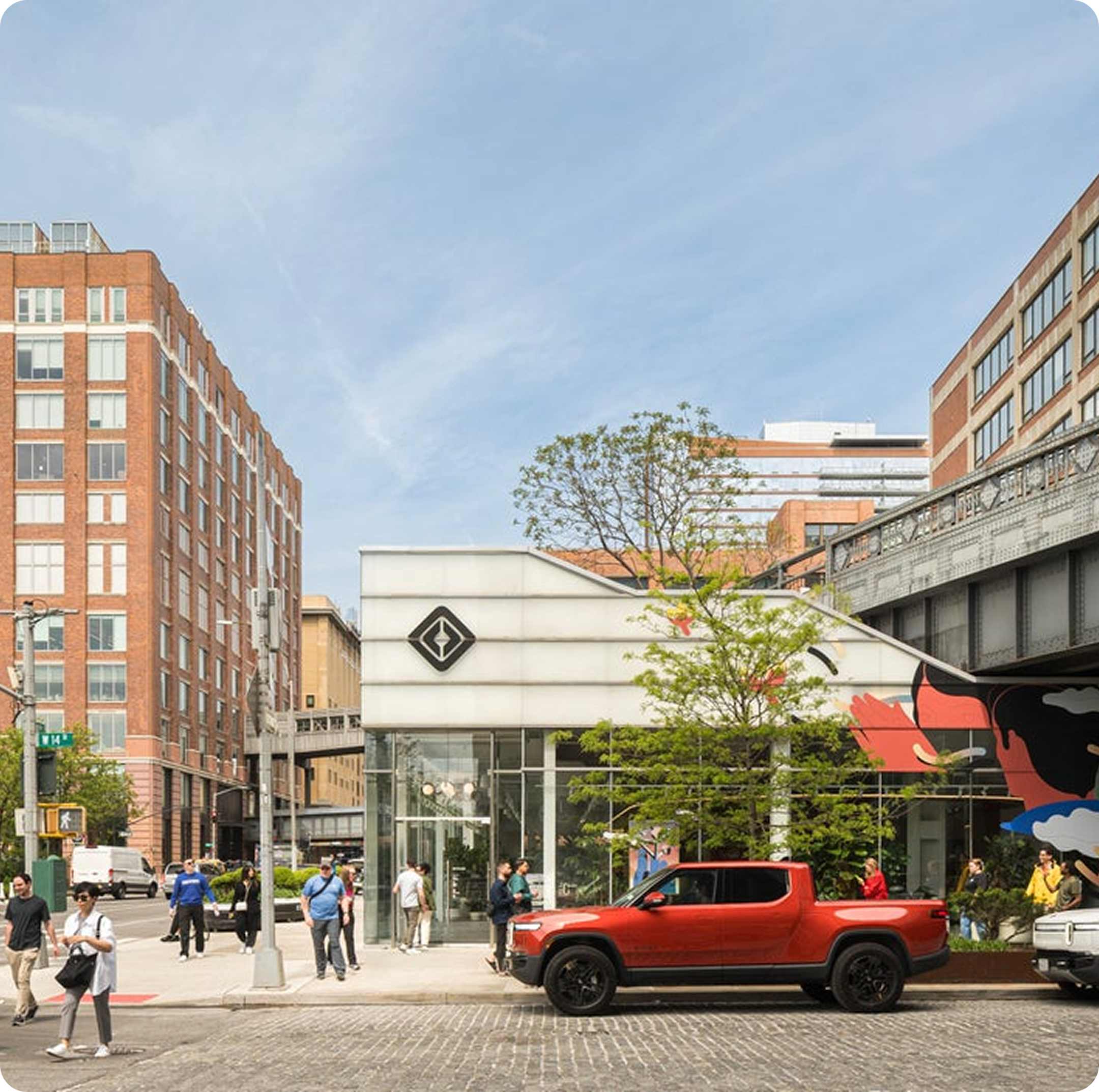 Street view of the Rivian Performance House in the New York Meatpacking district.