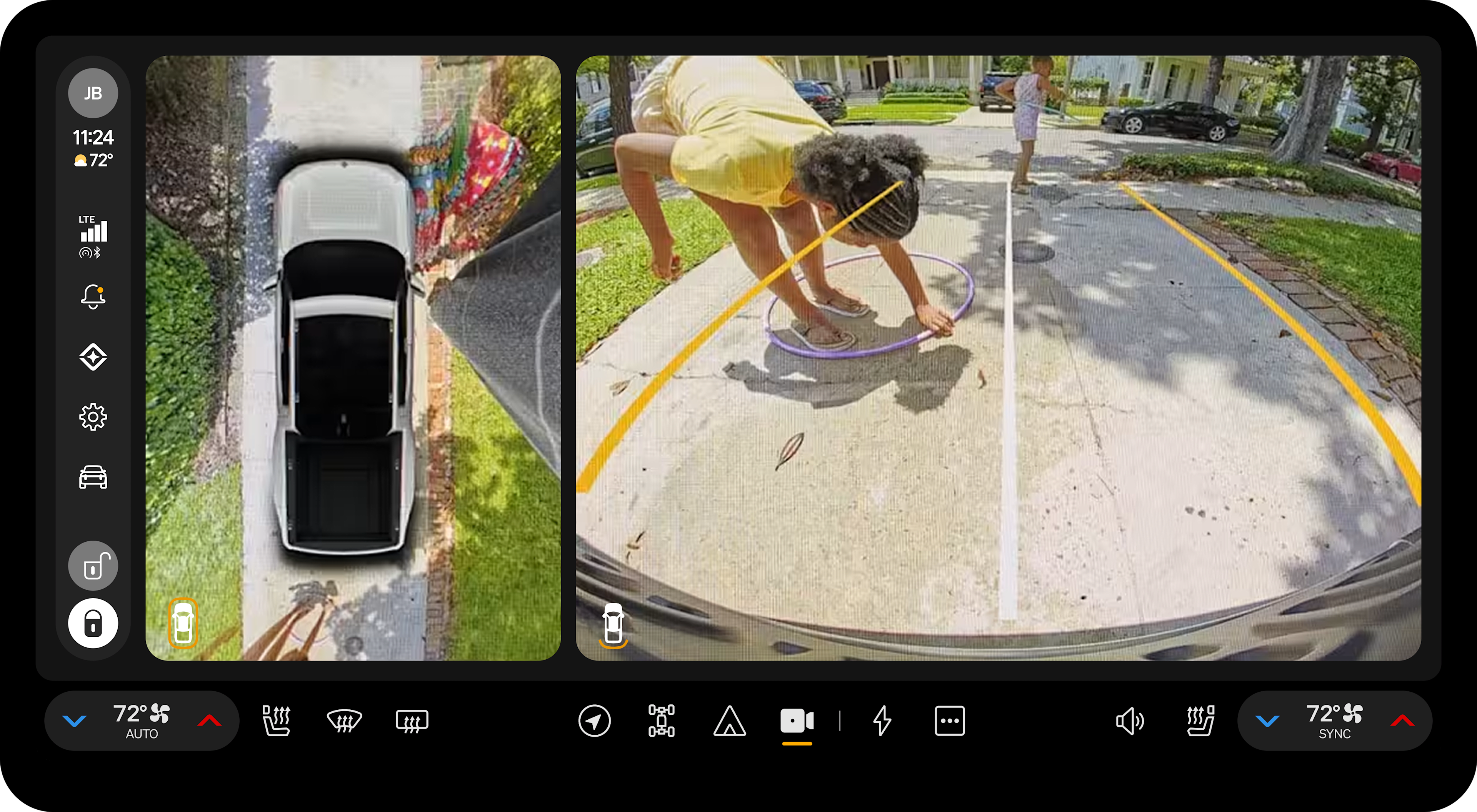 Vehicle's enter display shows a top-down (Bird’s Eye) view and rear camera.