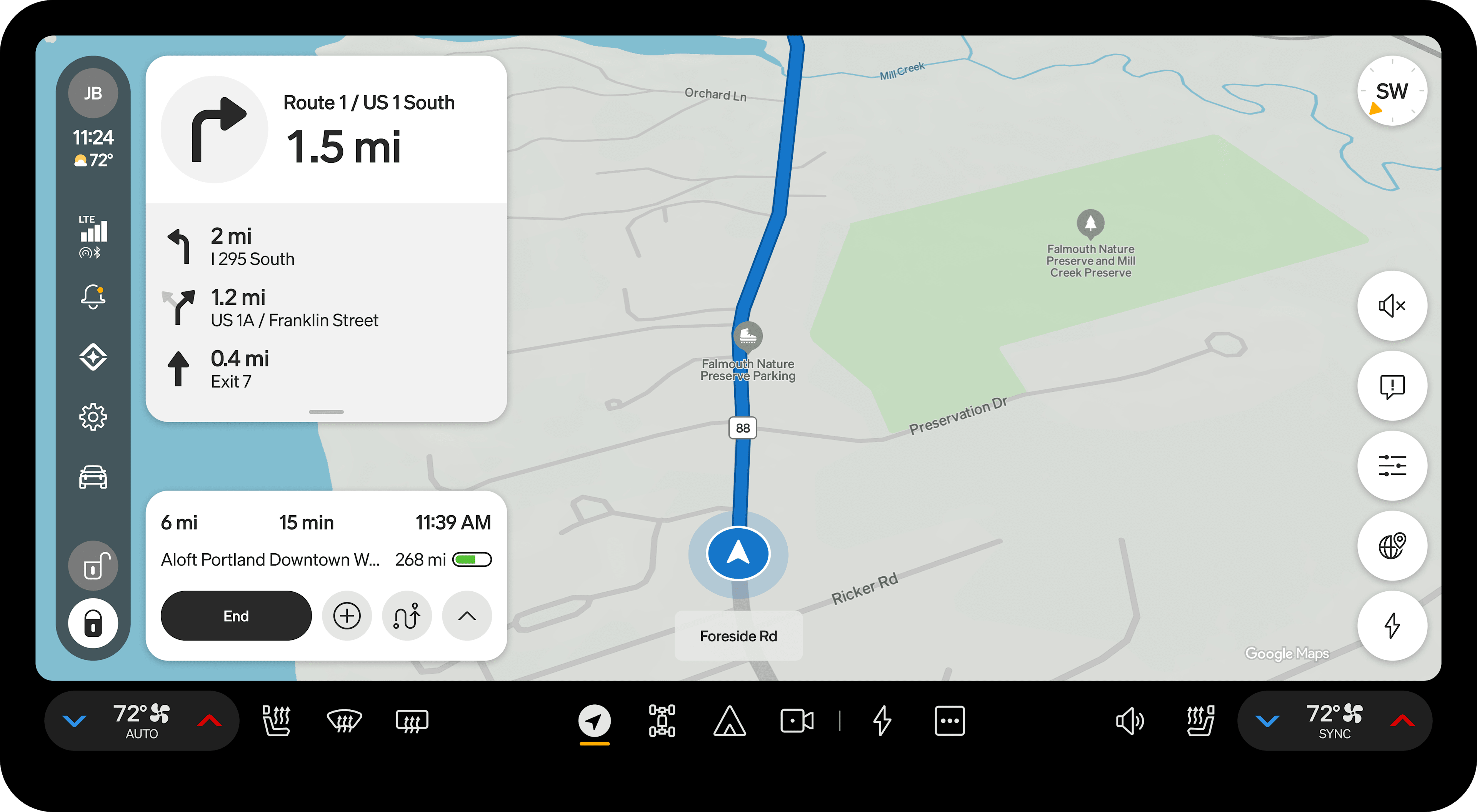 Center display shows the navigation map with a highlighted route.