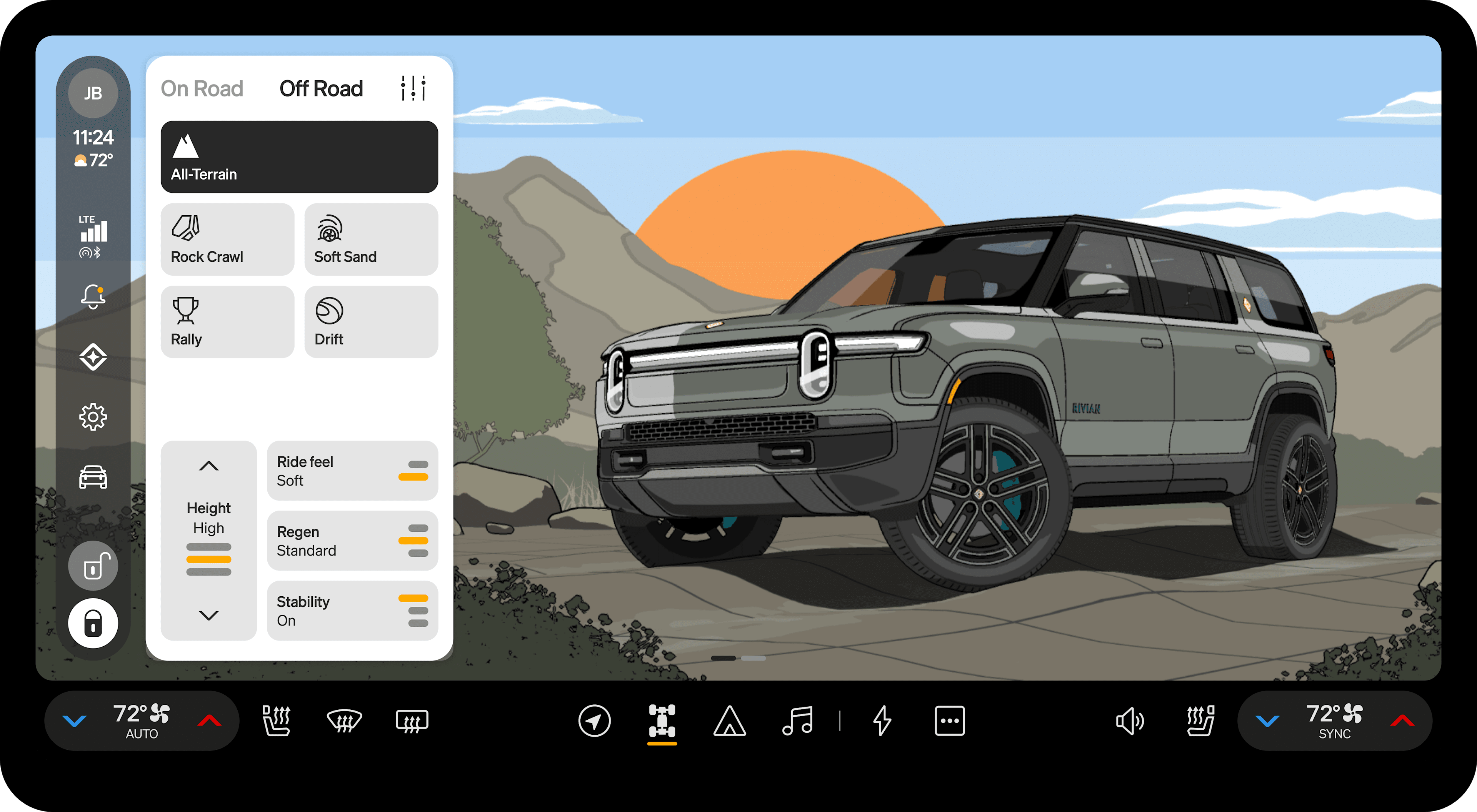 Drive Modes screen with All‑Terrain selected on the center display.