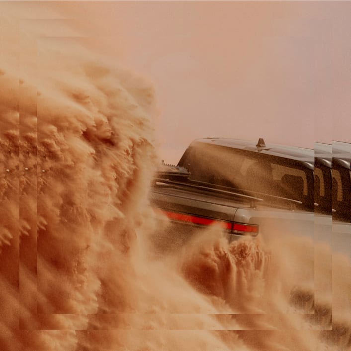 A stylized image the back of a Rivian EV truck kicking up dust. The stylized image features ripples that make the image feel like heavy action is occuring.