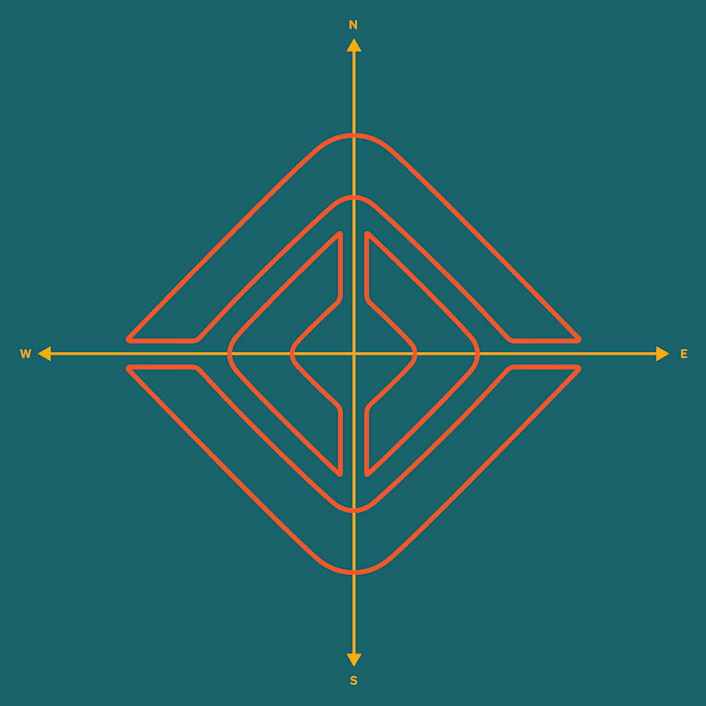 The Rivian compass logo created with thin orange lines, set on laguna blue background. Laguna blue is the exclusive accent color for Rivian Quad motor electric vehicles.