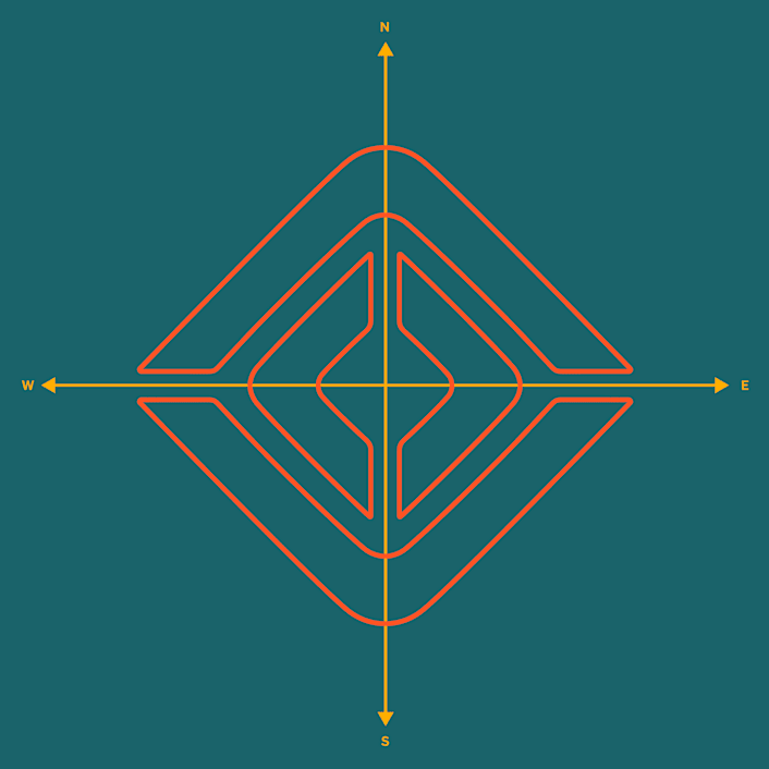 Le logo de compas Rivian créé avec de minces lignes orange, sur un arrière-plan Bleu Laguna. Le Bleu Laguna est la couleur d'accent exclusive aux véhicules électriques à quatre moteurs Rivian.