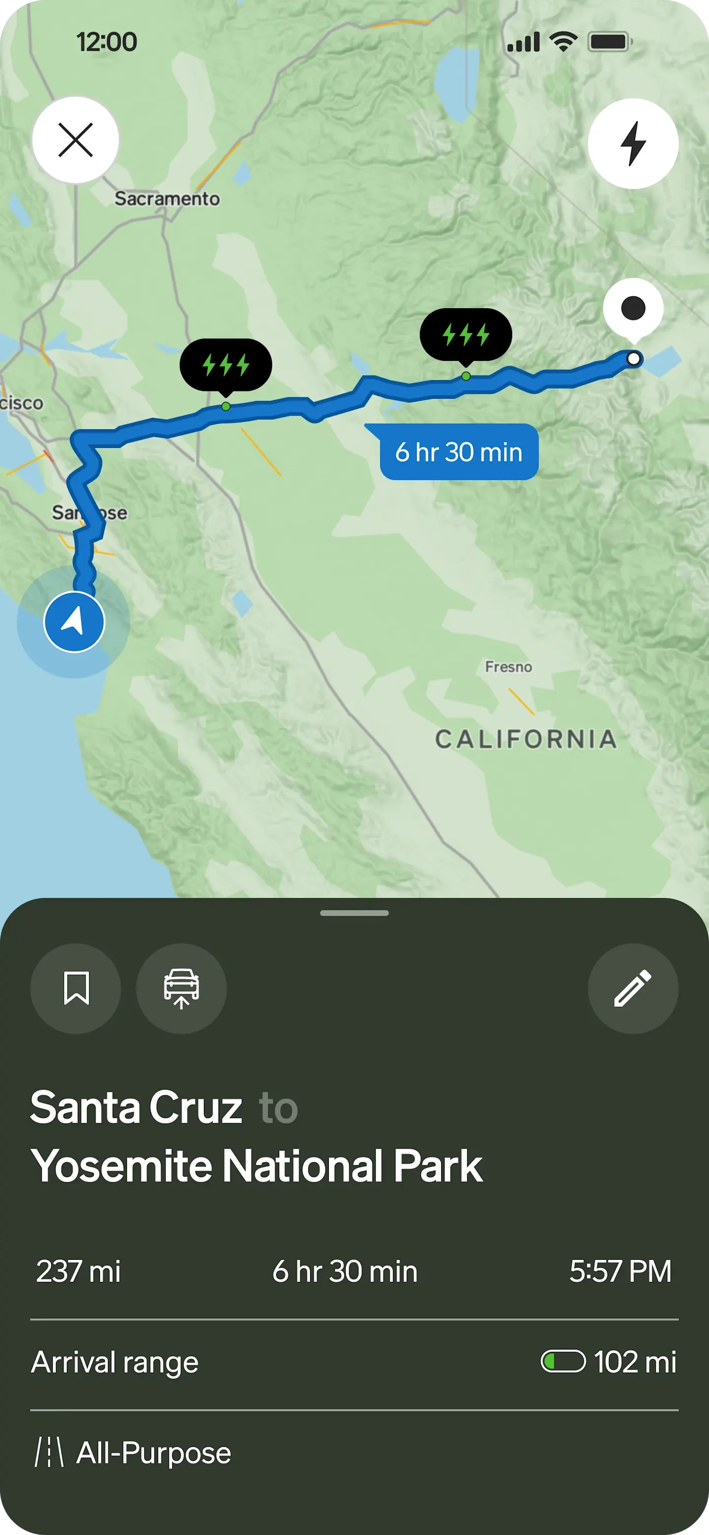 iPhone shows a planned route with charging stops in the Rivian app.