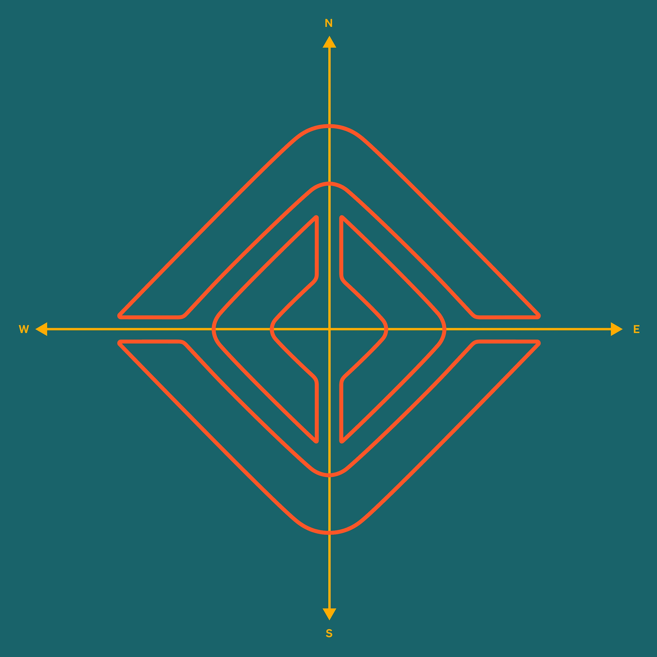 The Rivian compass logo created with thin orange lines, set on laguna blue background. Laguna blue is the exclusive accent color for Rivian Quad motor electric vehicles.
