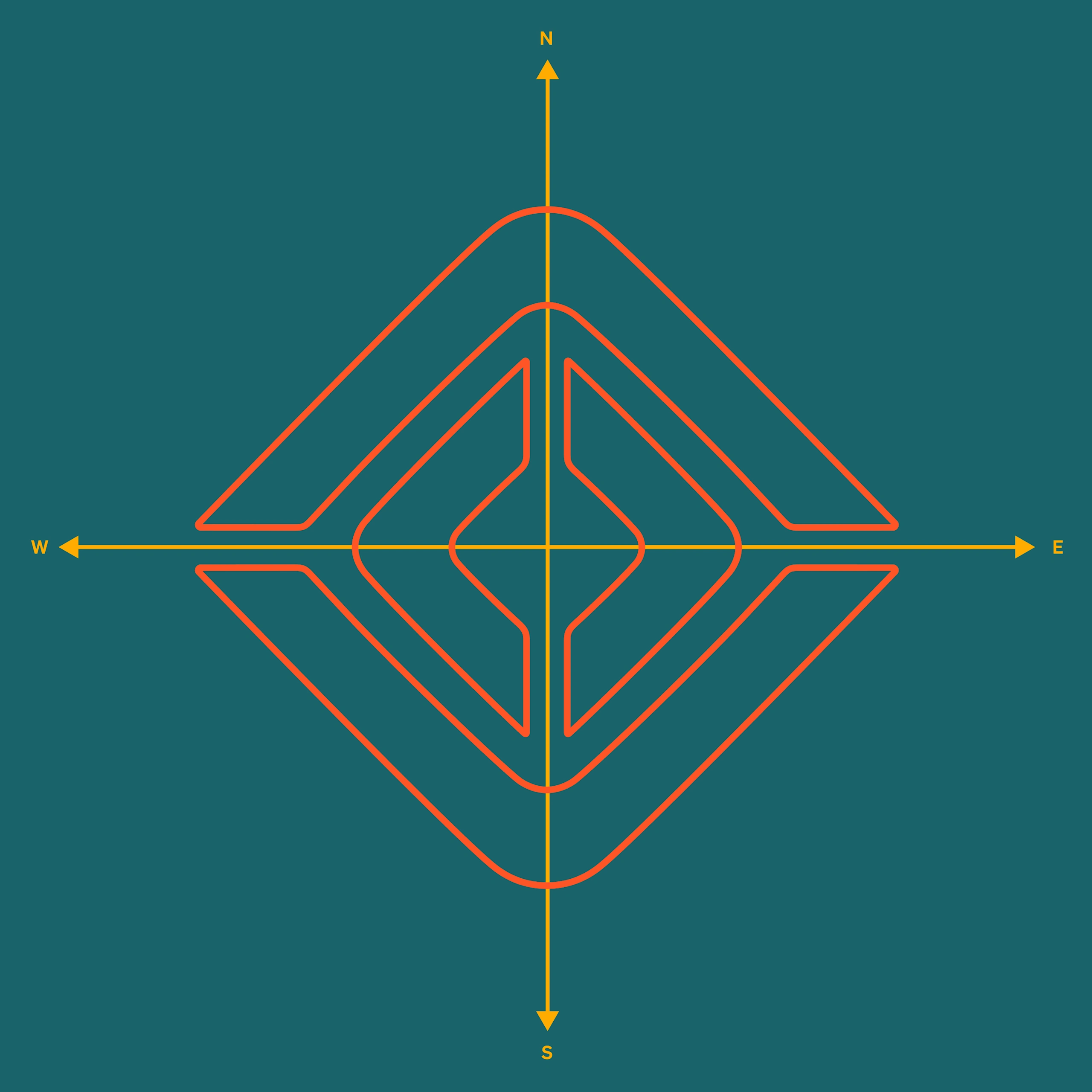 Le logo de compas Rivian créé avec de minces lignes orange, sur un arrière-plan Bleu Laguna. Le Bleu Laguna est la couleur d'accent exclusive aux véhicules électriques à quatre moteurs Rivian.
