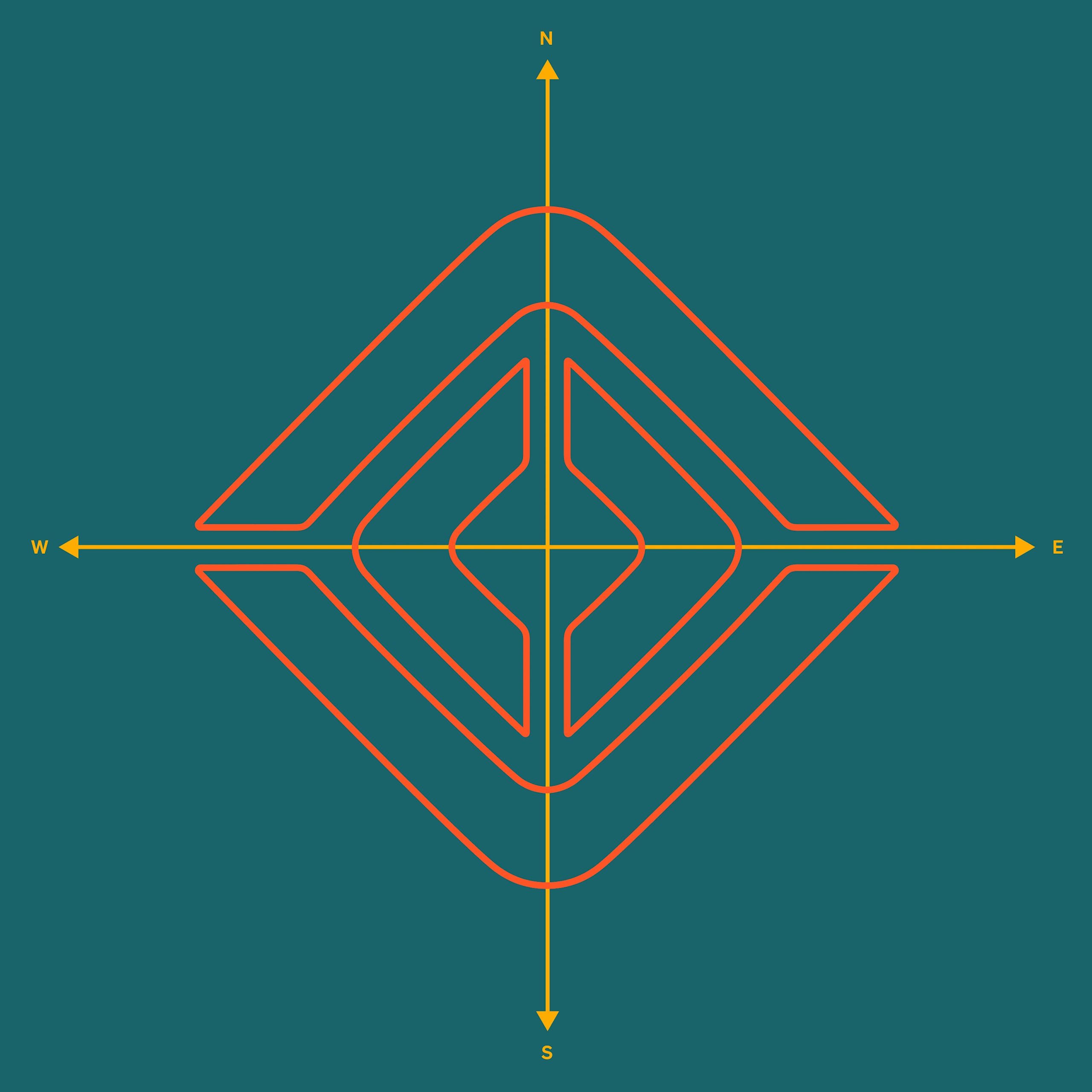 The Rivian compass logo created with thin orange lines, set on laguna blue background. Laguna blue is the exclusive accent color for Rivian Quad motor electric vehicles.