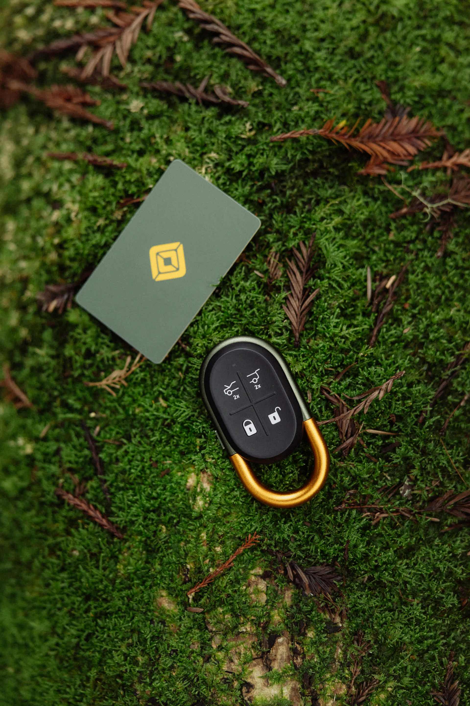 Rivian key fob and access card rest on bright green moss with scattered brown pine needles.