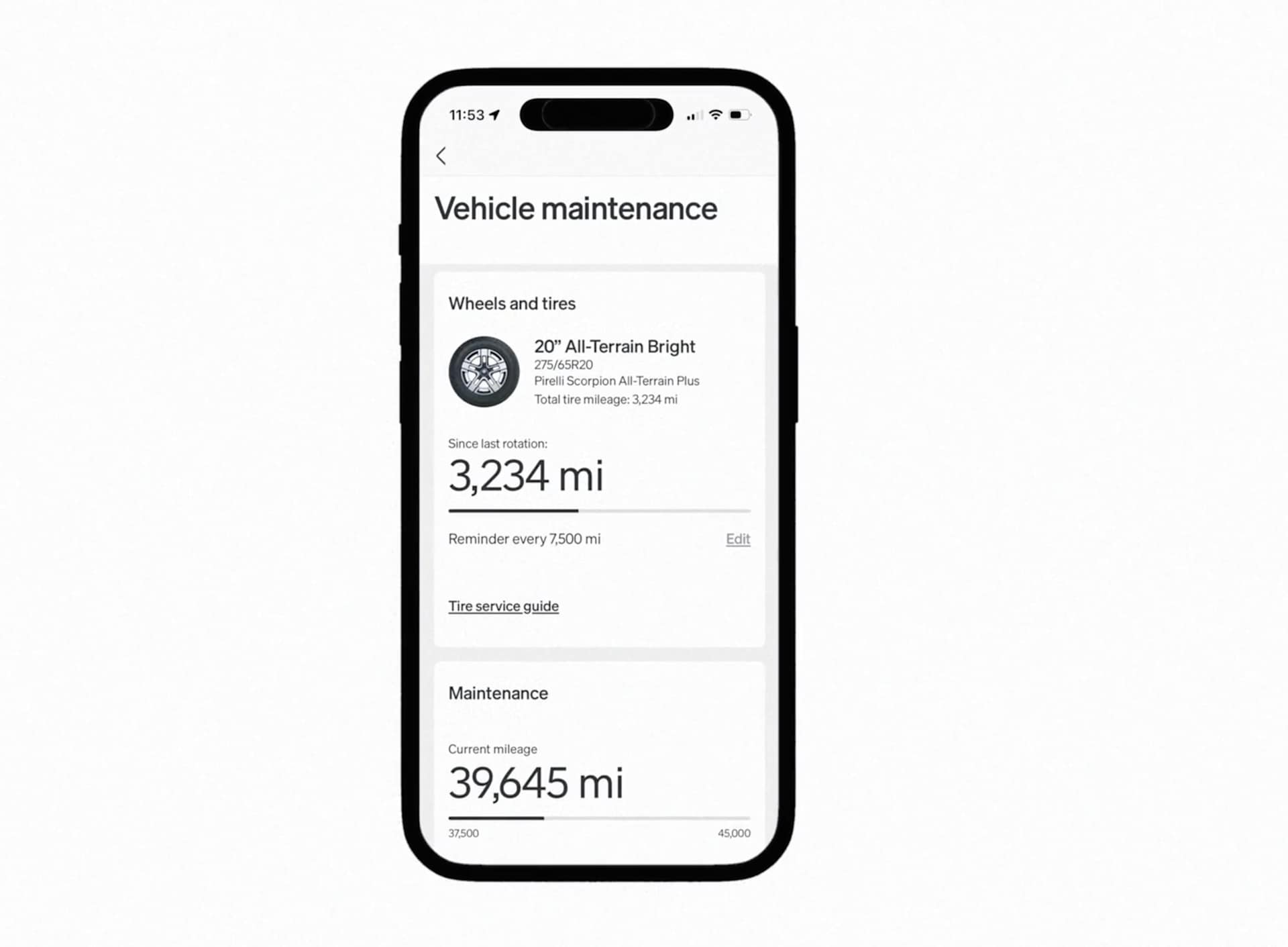 Smartphone displays the Rivian app's vehicle maintenance screen. It shows tire mileage of 3,234 miles since the last rotation and a current vehicle mi