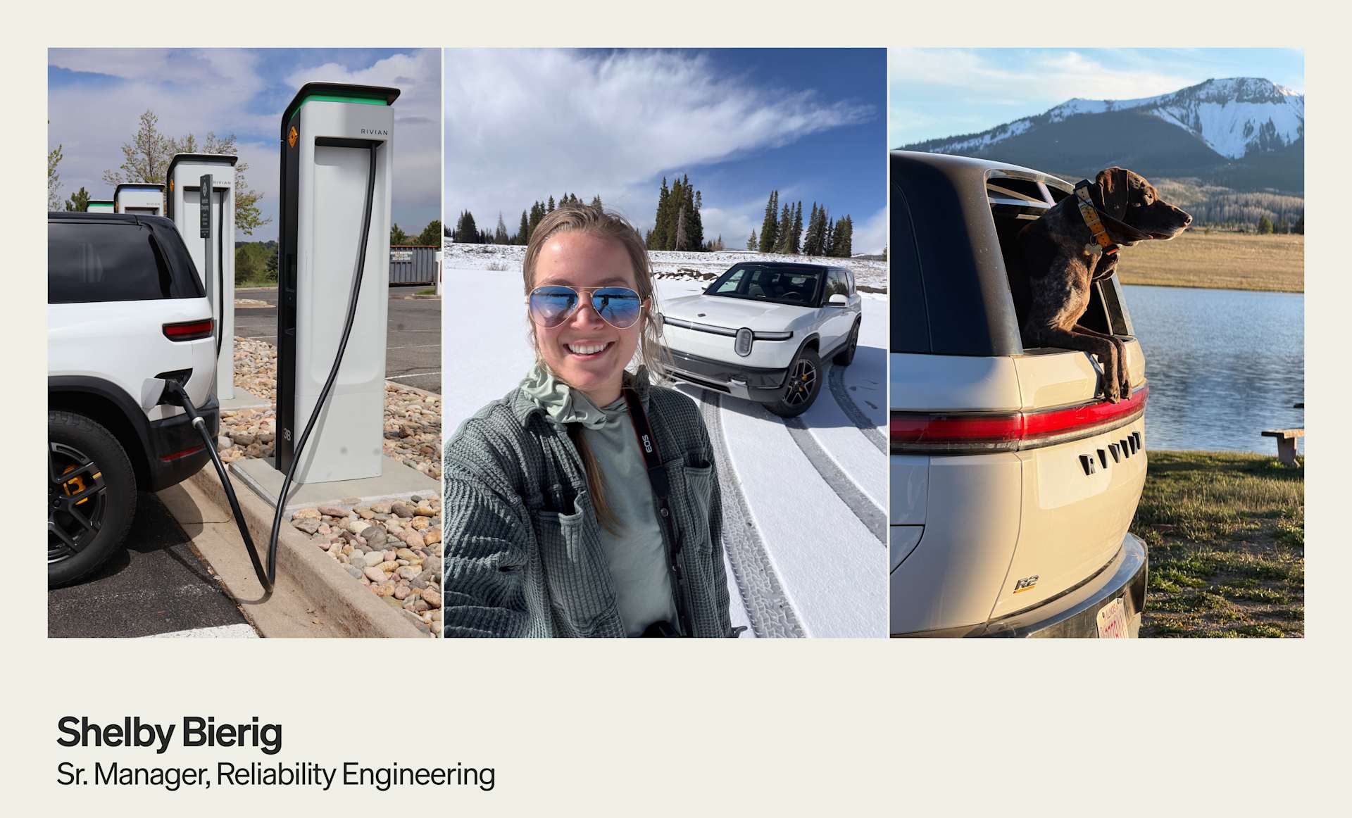 Collage of Shelby Bierig's "R2 Across America" trip. Left: R2 charging. Center: Shelby smiling in snow with R2. Right: Dog in back of R2 overlooking l