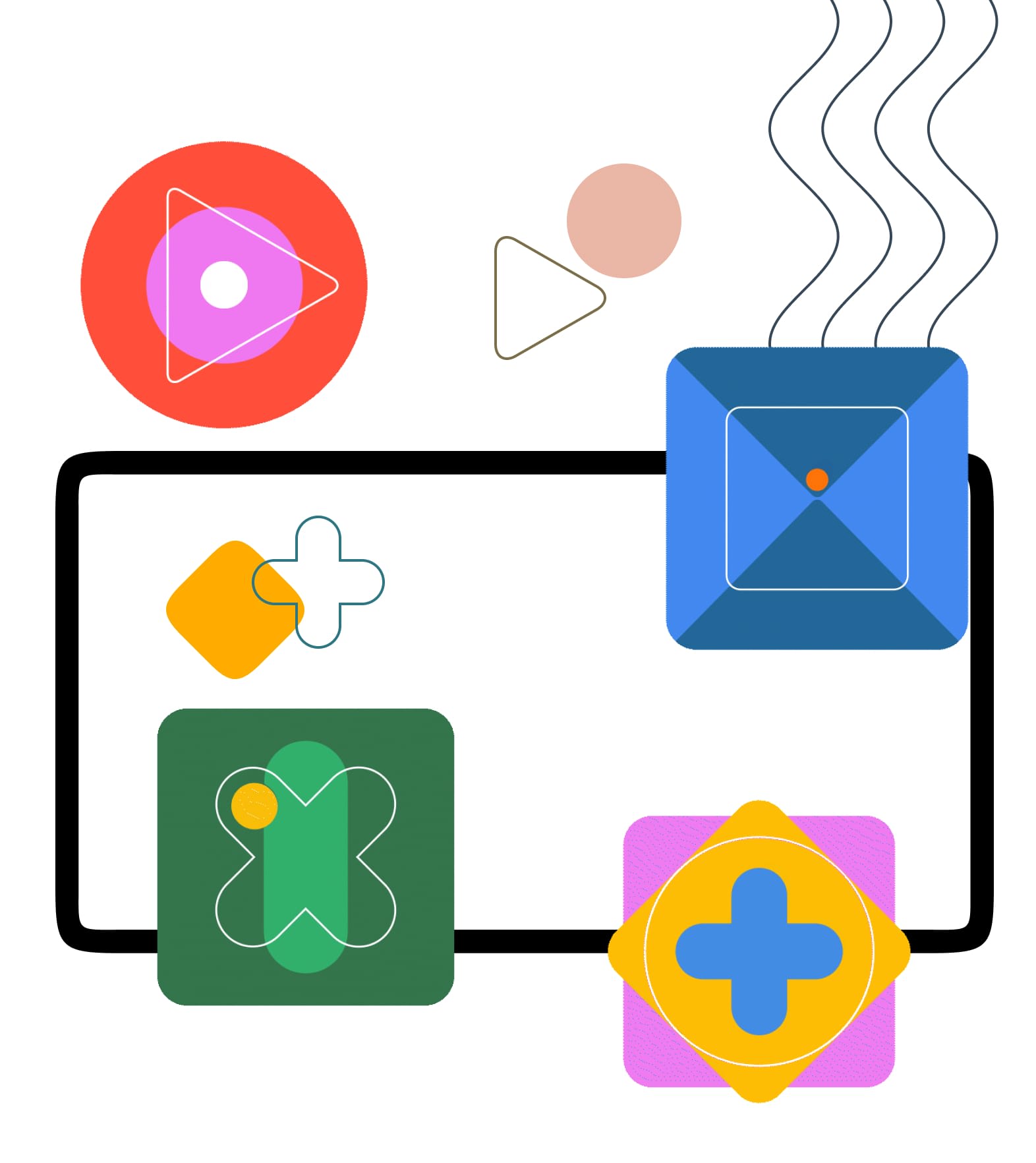Abstract graphic representing Rivian Unified Intelligence. Geometric shapes in bright colors are connected by a black line on a white background.