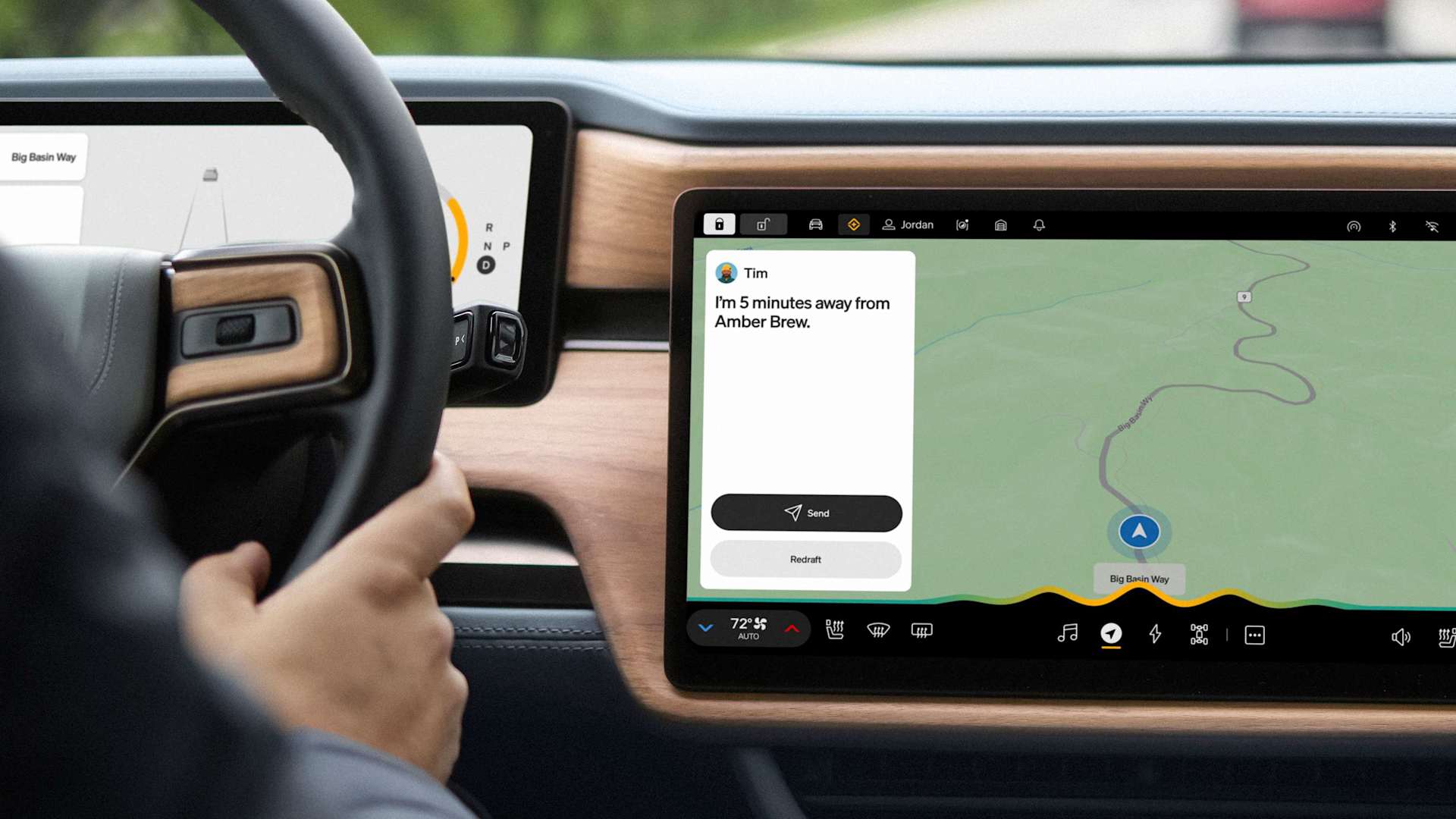 Interior view of Rivian dashboard showing navigation screen. A message reads "I'm 5 minutes away from Amber Brew." The driver's hand is on the steerin