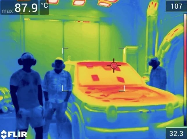 Thermal image shows three figures and a car, with temperatures ranging from 32.3 to 87.9 degrees Celsius. The car's hood and roof appear hottest (yell