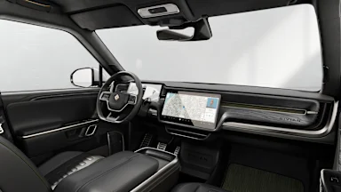 2022 R1S Black Mountain + Dark Ash Wood driver seat view