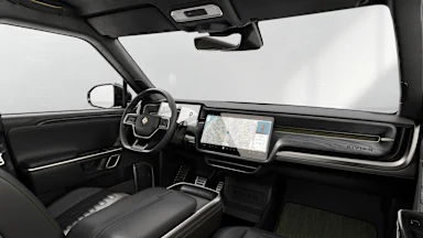 2022 R1S Black Mountain + Dark Ash Wood driver seat view