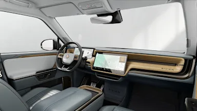 2026 R1S Slate Sky + Walnut Wood driver seat view