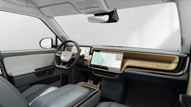 2026 R1S Slate Sky + Walnut Wood driver seat view