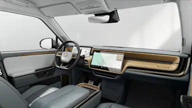 2026 R1S Slate Sky + Walnut Wood driver seat view