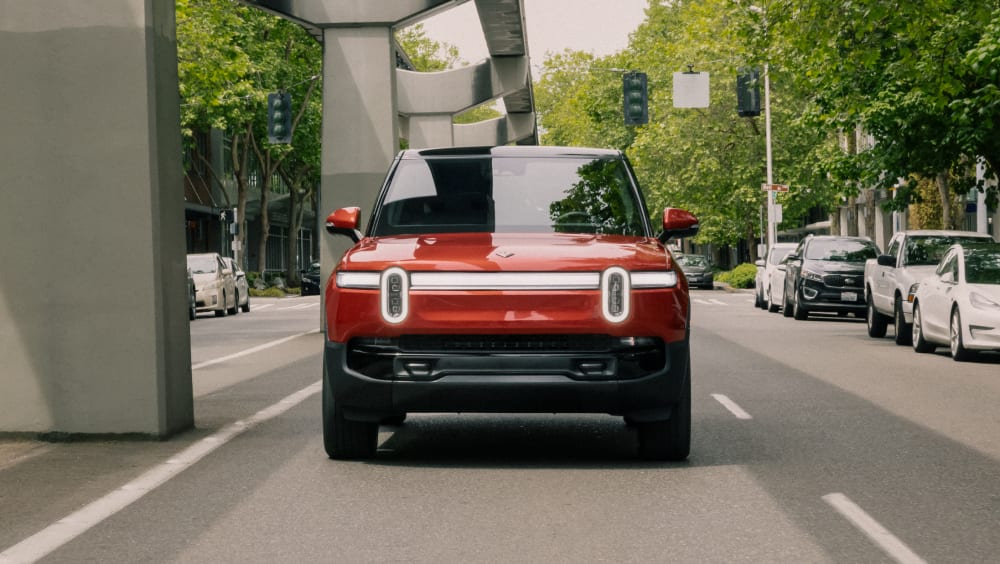 Rivian R1 on a city street.